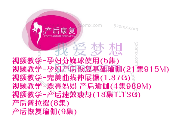 产后恢复训练7套涵盖:孕妇分娩球使用、产后恢复基础瑜伽、完美曲线伸展操、产后瑜伽、产后速效瘦身、普拉提