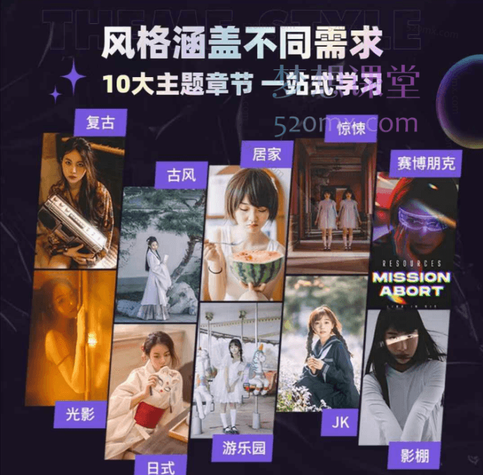 老纳人像摄影实战训练营,复古、古风、居家、惊悚、赛博朋克、光影、日式、游乐园、JK、影棚