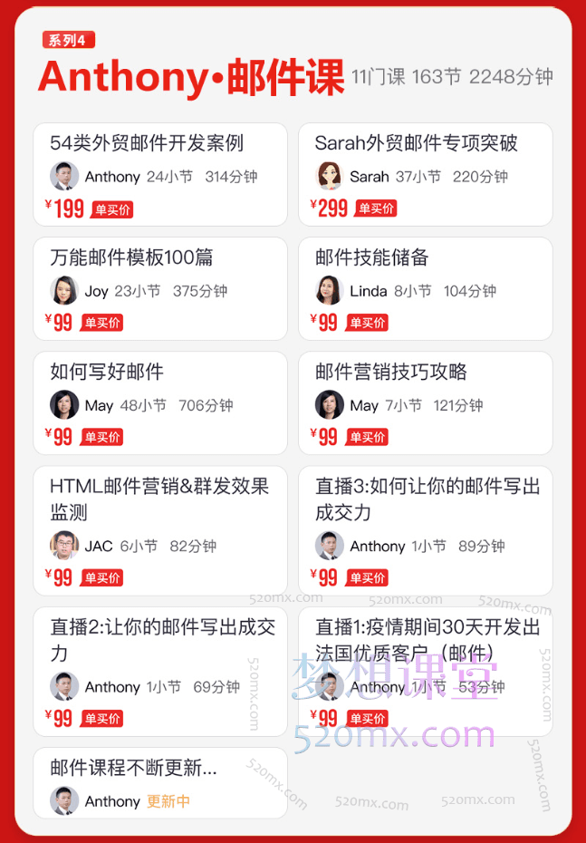 帮课大学：邮件课（Anthony、joy、sarah、may、JAC、linda）6位老师
