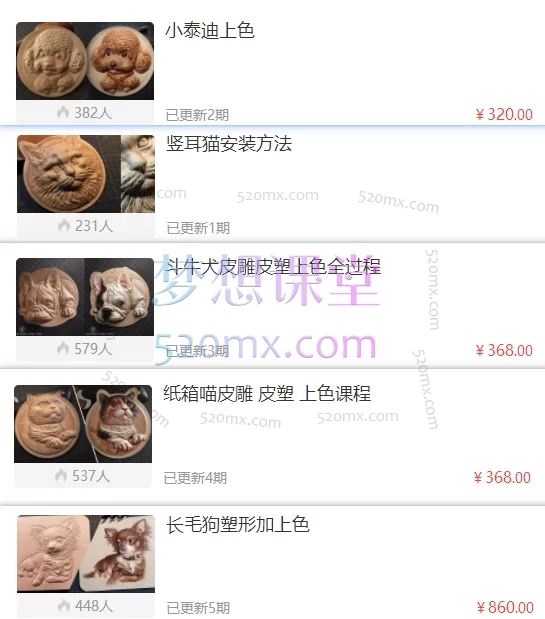 一丁皮艺:斗牛犬皮雕皮塑上色全过程+竖耳猫安装方法+纸箱喵皮雕 皮塑 上色课程+小泰迪上色+长毛狗塑形加上色,五合一