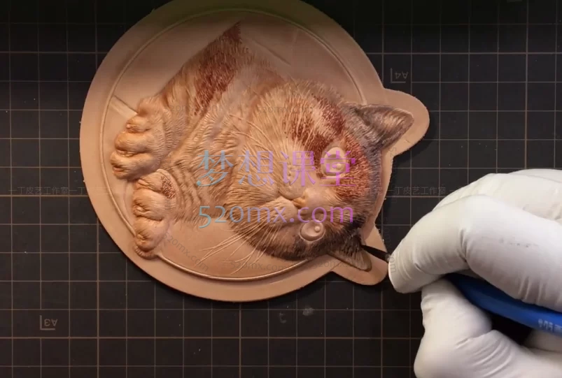 一丁皮艺：斗牛犬皮雕皮塑上色全过程+竖耳猫安装方法+纸箱喵皮雕 皮塑 上色课程+小泰迪上色+长毛狗塑形加上色，五合一