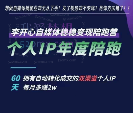 李开心个人IP年度陪跑,小红书自媒体稳稳变现陪跑营,60天拥有自动转化成交的双渠道个人IP,每月多赚2w