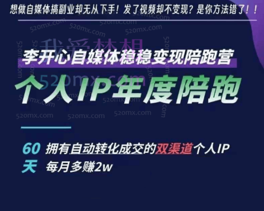 李开心个人IP年度陪跑,小红书自媒体稳稳变现陪跑营,60天拥有自动转化成交的双渠道个人IP,每月多赚2w
