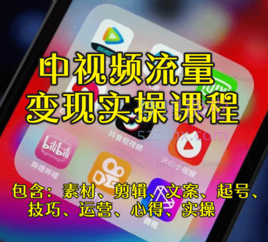 中视频流量变现实操课程，包含素材、剪辑、运营、文案、起号全流程实操