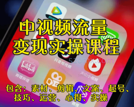 中视频流量变现实操课程，包含素材、剪辑、运营、文案、起号全流程实操